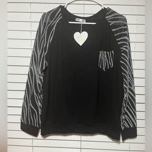 New Hou Jong Black/Silver Women’s Sweatshirt Round Neck Long Details Sleeve Sz L